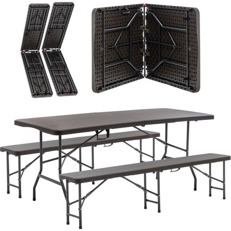 Table de pique-nique pliante 6 ft avec 2 bancs, ensemble camping 3 pièces, plateau en HDPE motif arbre, verrouillage de sécurité, résistant aux UV et à l’eau, marron (1/5)