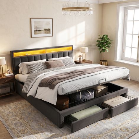Upholstered bed with LED lighting, Super King Bed-6ft(180200),hydraulic storage bed with bed box, drawers and storage compartments, stowable foam headboard, double bed with steel frame, linen, grey