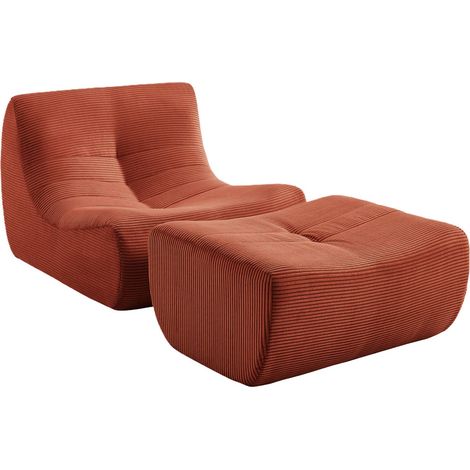 sweeek - Sessel mit Cordbezug und Hocker, Cord, Terracotta (1/5)