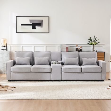 Canapé moderne 4 places en lin avec console,2 porte-gobelets,2 ports USB,poches d’accoudoir et 4 coussins. Pour salon,appartement,bureau.-Du