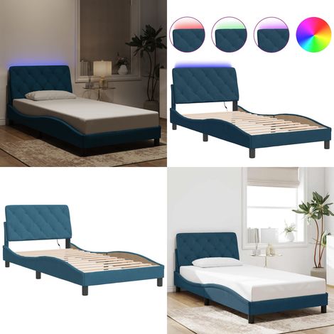 Bettgestell mit LED-Leuchten Blau 100x200 cm Samt - Samtsofa - Bettrahmen - Doppelbett - Boxspringbetten - Himmelbett - Home & Living