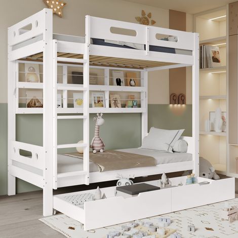Kinder-Etagenbett 90 x 200 cm mit 5-stufiger Leiter, Schubladen und Regalen, Kiefer und MDF, Weiß (1/5)
