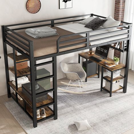 Hochbett 120x200 cm schwarz und dunkle Walnuss aus Metall und Holz mit Schreibtisch, Ablagefläche und Leiter (1/5)