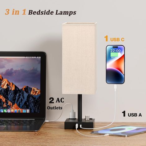 Lampe de chevet avec port USB A+C et prise secteur, interrupteur rotatif, variateur d'intensité, lampe de table simple pour chambre, salon, hôtel (1 ampoule incluse) [Classe énergétique F]
