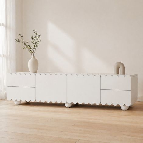 Meuble TV blanc avec 2 portes et 4 tiroirs,Façade décorée d’un design ondulé,pieds en à boule,style scandinave (1/5)