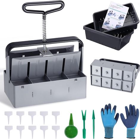 Presse-terreau manuel pour 8 blocs de terre de 5 x 5 x 5 cm, bloqueur de sol manuel avec semis, gants, palettes de culture pour plantation, transplantation, gris (1/5)