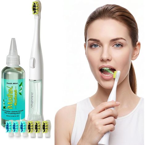 Brosse électrique avec pompe bain de bouche - pile AAA sonique Bain de bouche intégré. 3 modes soniques, minuteur 2 min. 6 têtes de rechange. Compact, maison, voyage. Sans charge. (1/5)