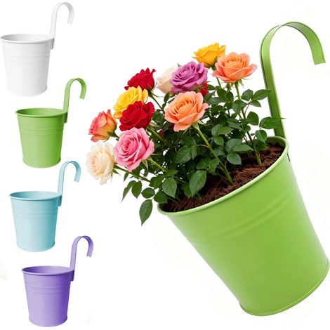 Lot de 4 pots de fleurs suspendus d'extérieur - 16 cm de hauteur - 26 cm - Avec anse amovible et trou de drainage, pour balcon, balustrade, terrasse, fer galvanisé, résistant aux intempéries (1/5)