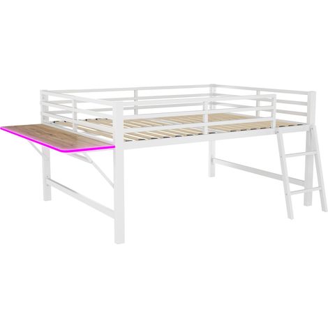 Lit plat, 140 x 200 cm, lit en métal, sans matelas, garde-corps, échelle, bureau, bande lumineuse LED, blanc (1/5)
