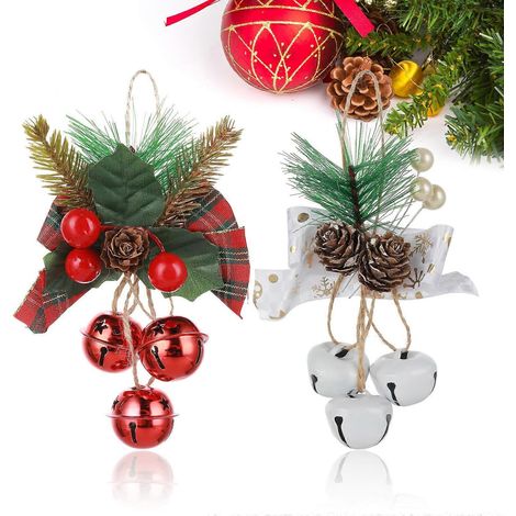 Weihnachtsglocken-Ornamente, groß, 2 Stück, für Weihnachtsbaumschmuck, Weihnachtstür-Hängeglocken mit Tannenzapfen, Weihnachtskranz, Geschenk (Rot, Weiß) (1/5)
