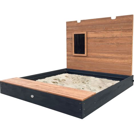 AXI – Bac à sable XXL en bois avec banc et rangement – Couvercle avec tableau noir – Dimensions 160 x 151 x 122,5 cm – Couleur anthracite et marron