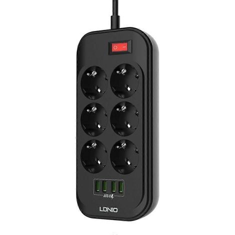 Multiprise avec 6 prises et 4 ports USB, protégée contre les surtensions, et fournie avec un cordon d'alimentation de 2 mètres. (1/5)