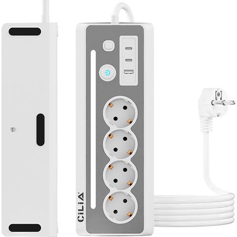 CILIA Multiprise Parafoudre d'Angle 90° pour Plan de Travail - 4 Prises Schuko + 3 USB (dont 2 Type-C), 3680W, Câble 1.5m (1/5)