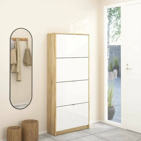 Dmora - Scarpiera Epidoto, Mobile portascarpe, Armadio da ingresso multiuso, Mobiletto per calzature, 70x24 h162 cm, Quercia e Bianco lucido (1/5)