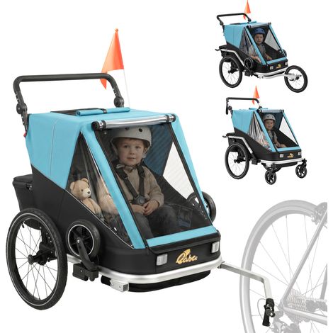 Remorque vélo enfant 2 places pliable 2 en 1, bleue, avec sièges et sangles réglables (1/5)