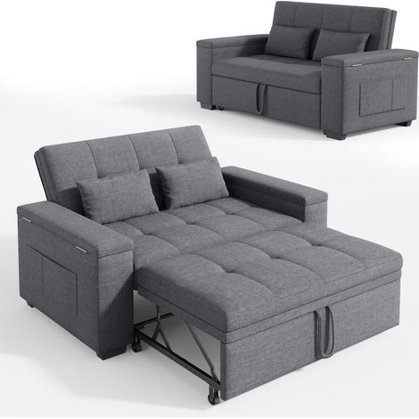 Sofá Cama 2 Plazas Convertible Bealife Sillón con 2 Cojines Rueda Plegable Espacio de Almacenaje Tela de Lino Estructura de Madera Metal Gris Oscuro 157 × 72 × 84 cm (1/5)