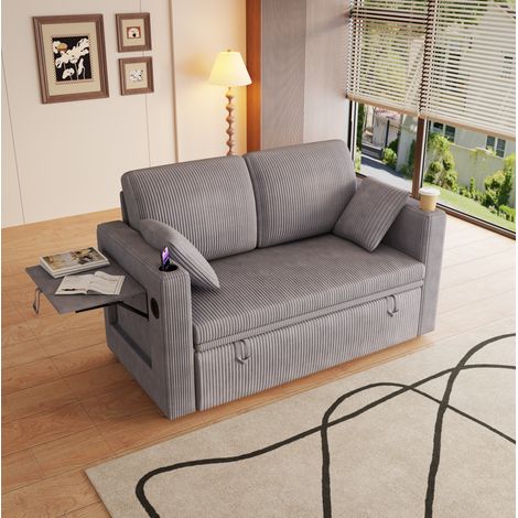Divano letto 3 in 1 estraibile in velluto a coste (panno) grigio con vassoio pieghevole, portabicchieri, cuscino, porte USB e schienale regolabile (1/5)