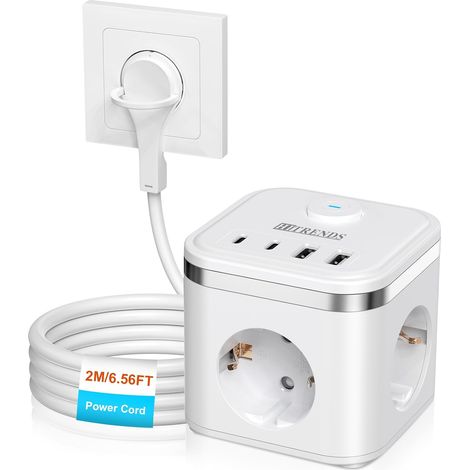 Cube multiprise 7 en 1 avec câble de 2 m, 2 USB-A et 2 USB-C, multiprise cube 3 prises avec interrupteur, prise plate avec anneau de traction pour la maison/le bureau/les voyages, blanc (1/5)