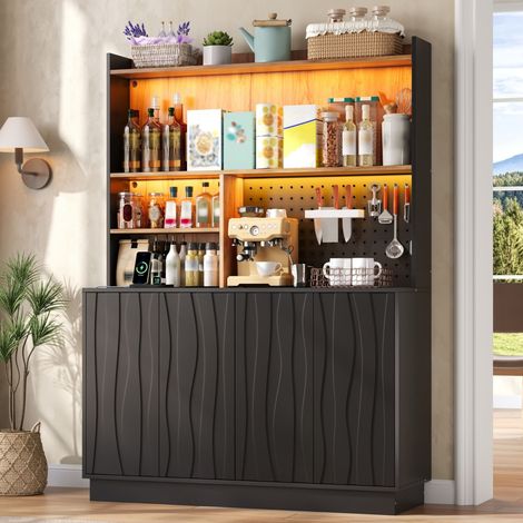 Modernluxe - Buffet de cuisine 120x43x160cm - avec 4 portes - avec éclairage LED et prise de courant - avec planche à trous - Noir (1/5)