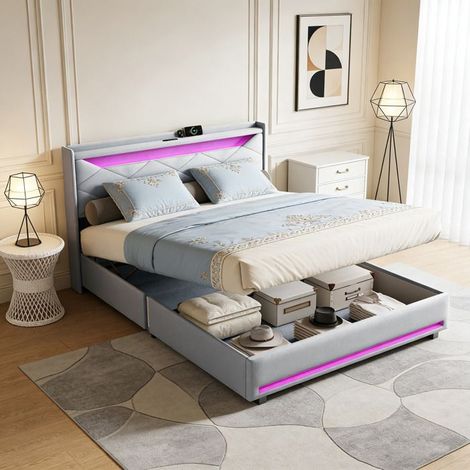Bett 140x190 cm graues Leinen - Integrierte LED & USB-Anschlüsse - Skandinavisch, Lattenrost inklusive