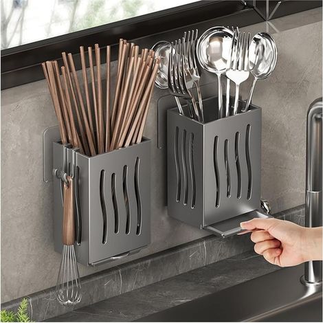 Besteckhalter, Essstäbchenhalter mit Abtropfschale, Arbeitsplatten-/Wandorganizer für Löffel/Koteletts, Behälter mit Haken, grau (Grau, 2er-Pack) (1/5)