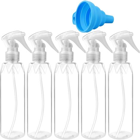 Lot de 5 Petits Flacons Pulvérisateurs avec Entonnoir Pliable en Silicone - 200 ml - En Plastique Transparent - Pour Cheveux, Nettoyage, Plantes, Cosmétiques (1/5)