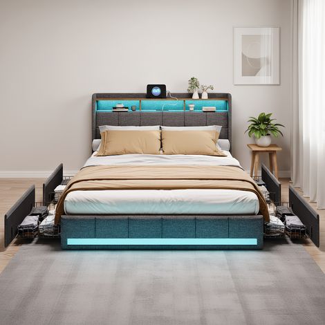 Polsterbett 160x200 cm, Doppelbett mit LED-Beleuchtung und USB, Modernes Jugendbett, Bettgestell mit Kopfteil und Lattenrost, Leinen Grau, Ohne Matratze