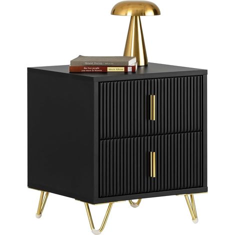 Sobuy – Table de chevet FBT115SCH avec 2 tiroirs – Dimensions L40 x P40 x H47 cm – Noir – Poignées en métal doré – Meuble moderne pour salon et chambre