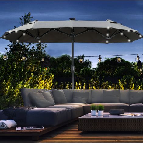 Parasol de jardin double en acier gris, inclinable, avec manivelle, LED solaires et double aération (1/5)