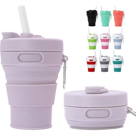 Mug de voyage pliable en silicone violet de 450 ml (15 oz) - Tasse à café réutilisable et écologique avec couvercle étanche pour le bureau, la salle de sport et les activités de plein air