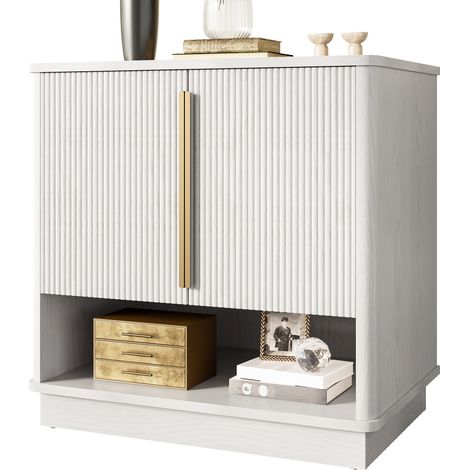 CHICFURN Meuble à chaussures blanc avec 2 portes, niche ouverte et relief bois, meuble gain de place pour entrée, couloir ou chambre, style moderne avec poignées dorées (1/5)