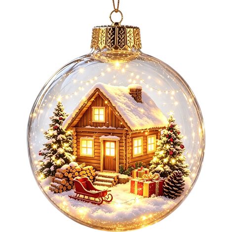 Boule à neige lumineuse 3D en acrylique transparent, décoration à suspendre au sapin de Noël avec le Père Noël et son traîneau de rennes (1/5)