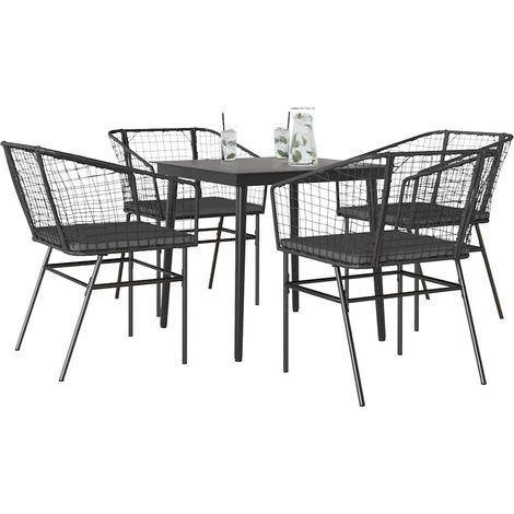 5-tlg. Garten-Essgruppe mit Kissen Schwarz Poly Rattan Glas