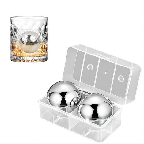 Deux boules à glace en acier inoxydable 304, pierres à glace rondes en métal, réutilisables, pour congeler des boules de glace.