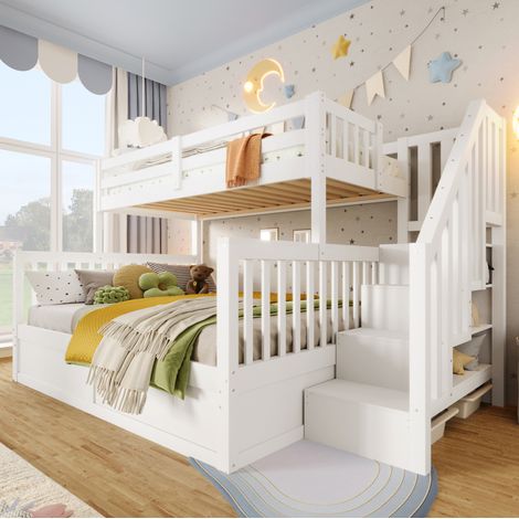 Cama litera 90x200+140x200 cm de pino blanca con escalera de almacenamiento y arcón hidráulico