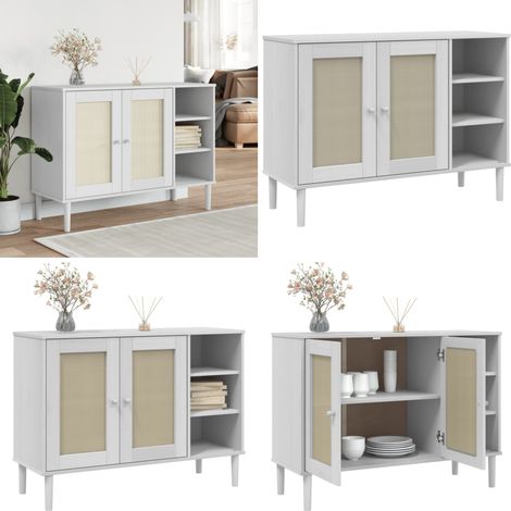 Buffet SENJA aspect rotin blanc 112x40x80cm bois massif de pin - Buffet Design Moderne - Meuble Rangement - Commode Bois - Armoire Blanche - Mobilier Salon - Home & Living (1/5)