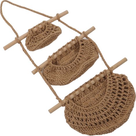 Panier mural 3 étages en corde de chanvre et bois pour jouets, peluches et poupées (1/5)