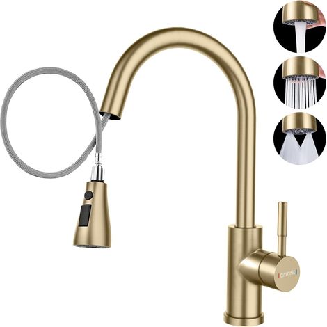 DAYONE Gold Kitchen Mixer Tap with Pull Out Spray, SUS304 Stainless Steel Sink Taps Mixer with 3 Functions for Kitchen, 360° Swivel Single Handle High Arc Kitchen Faucet, Brushed Gold (1/5)