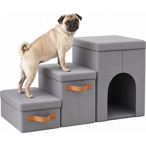 Relaxdays, Hundetreppe faltbar, 3 Stufen, Stauraum & Höhle, für Hunde, Polyester, HxBxT: 44.5 x 78 x 33.5 cm, Grau