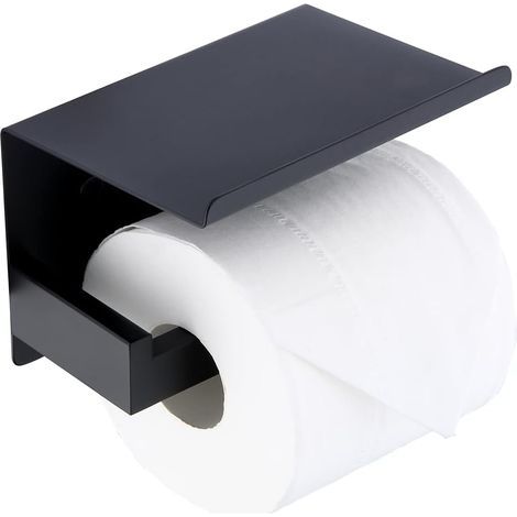 Toilet paper holder with shelf - Stainless steel - No drilling required - Self-adhesive or wall-mounted - Matte black (1/5)