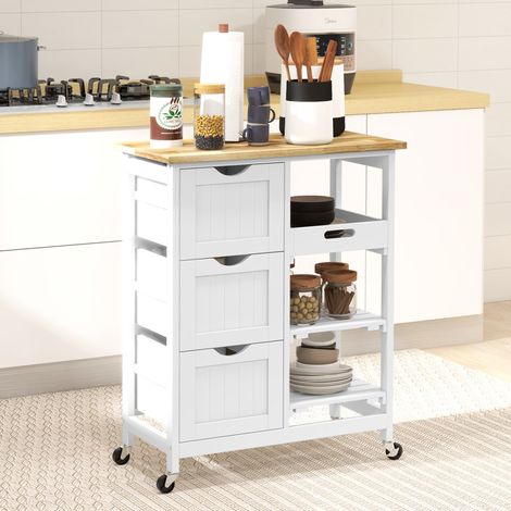 Carrito Auxiliar con Ruedas Carrito de Cocina con 3 Cajones 2 Estantes Abiertos y Bandeja Extraíble 67x37x85,5 cm Blanco