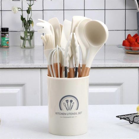 Ensemble d'ustensiles de cuisine en silicone pour chef, avec râpe, blanc crème. (1/5)