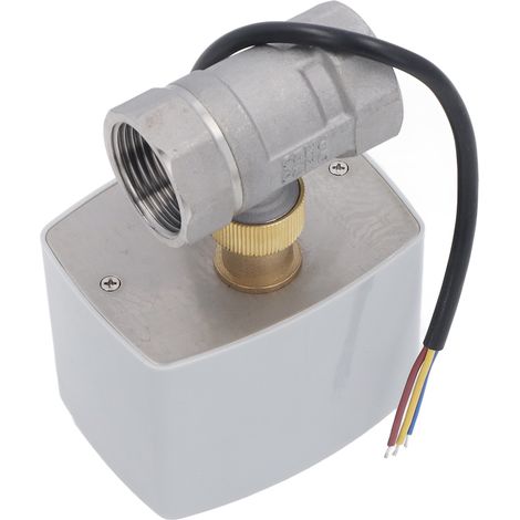 Vanne motorisée 3 voies inox DN25, actionneur électrique 220V, régulation 2 positions, robinet à boisseau sphérique motorisé, commande automatique, raccordement industriel, usage chauffage et fluides. (1/5)