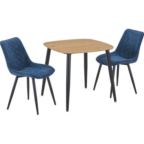 Aspen Light Oak Square Table & 2 Blue Fabric Chair Set - MDF/Metal - L54 x W53.5 x H85.5 cm