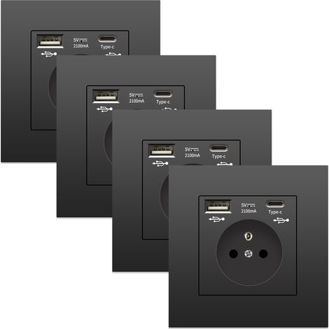 Lot 4 Prises Murales USB & Type-C 5V 2.1A – Prises Universelles avec Protection Contre Surtension, Noir, 86 mm (1/5)