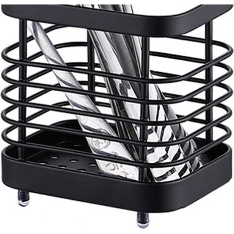 Porte-ustensiles mural sans perforation, rack séchage couverts grille acier inoxydable noir, pour cuisinières éco (1/4)