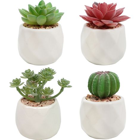 Lot de 4 pots en céramique, design géométrique, plantes succulentes réalistes, décoration intérieure (1/5)