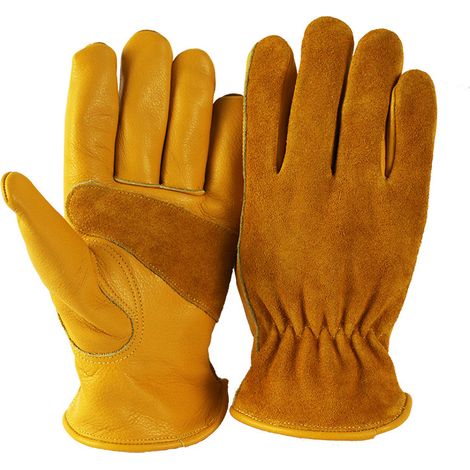 Gants de Travail en Cuir pour Jardinage - Résistant aux Épines Gants de Construction avec Doux Respirante Doublée de Coton pour Homme et Femme Polyvalents Gants de Mécanicien - Jaune 8/L