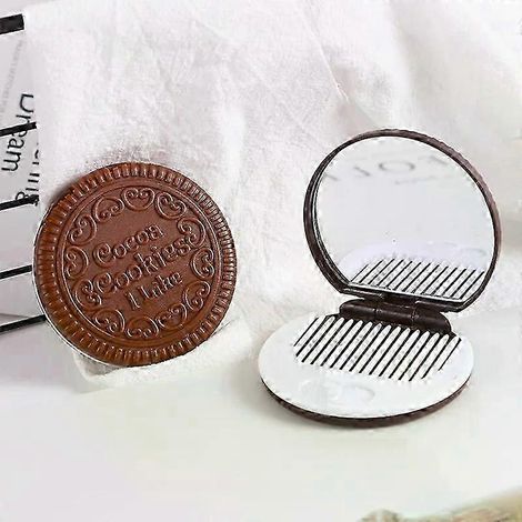 1 Miroir de poche miniature en forme de biscuit chocolat avec peigne, miroir de maquillage pliable et portable de princesse avec peigne (1/2)