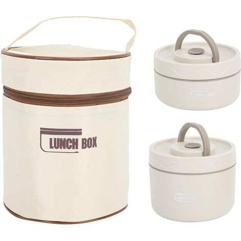 4 Pièces Boîte à déjeuner, Acier inoxydable 304, Récipient thermique rond, Étanche, Sac isotherme beige, Bureau École Extérieur